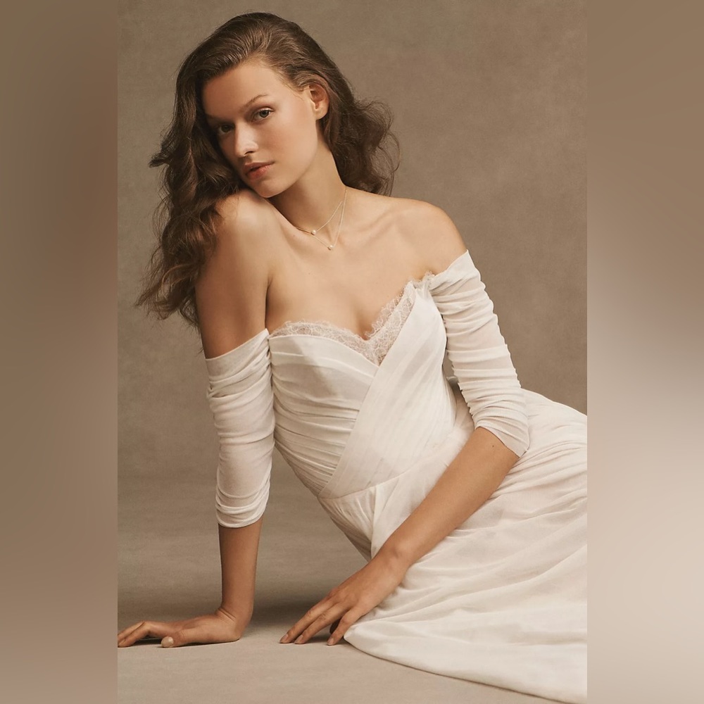Wtoo by Watters Miles V-Neck Ruched-Sleeve Mesh Wedding Gown
